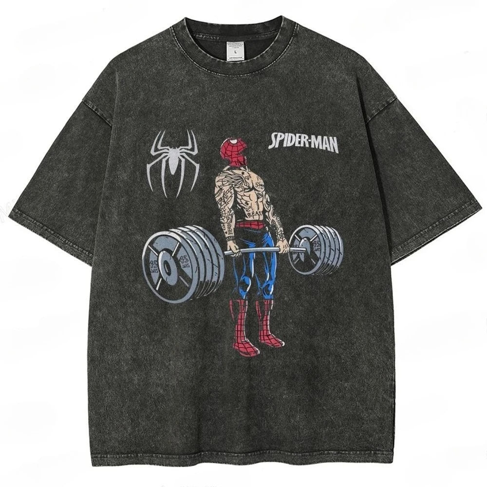 Retro Spider Man Gym Workout Graphic Washed Black Oversized T-shirts for Men Women Movie Streetwear Hip Hop Cotton Tops Harajuku