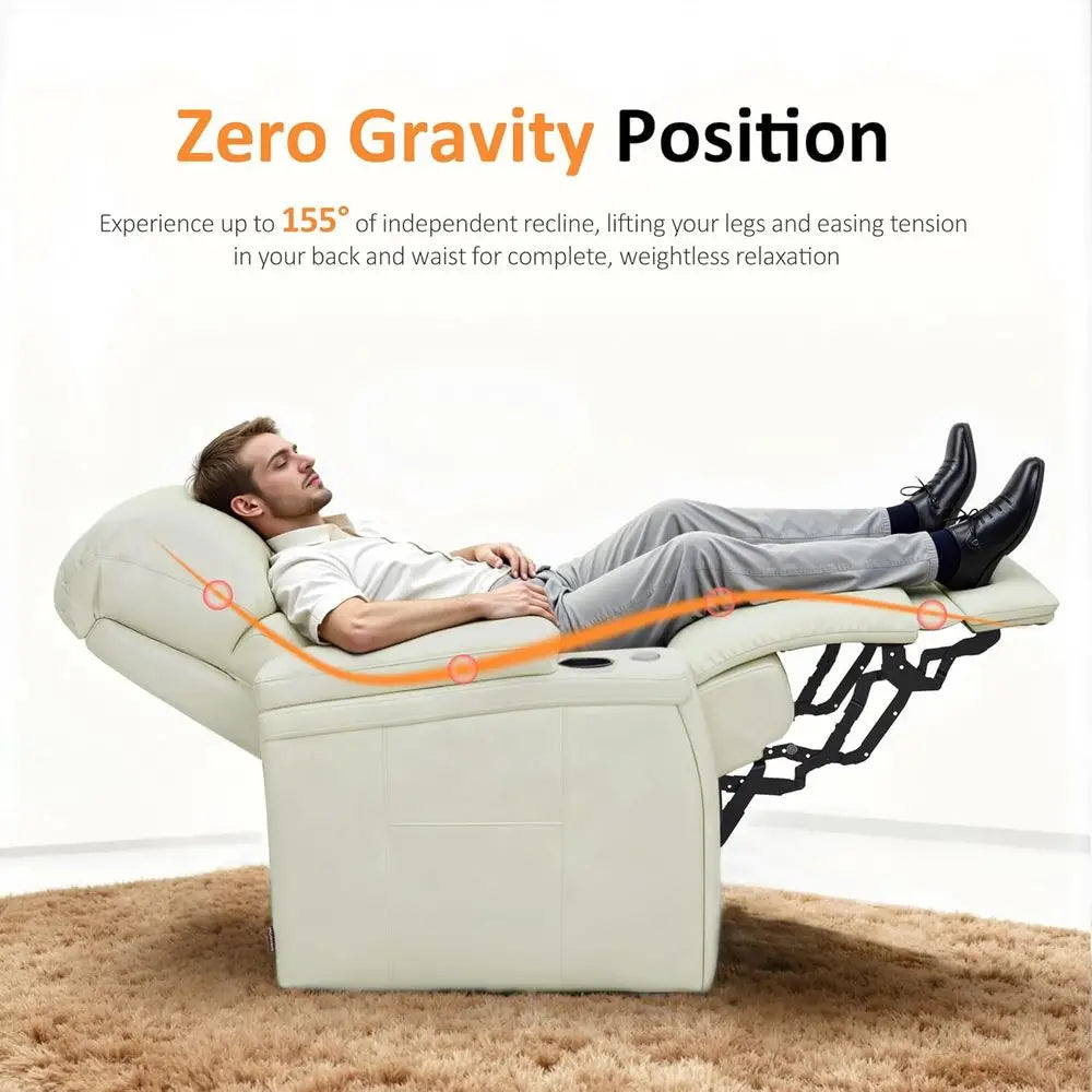 Power Recliner Chair with Lumbar Support, Armrest Storage, Tray Table, and Dual Charging Ports (Beige)