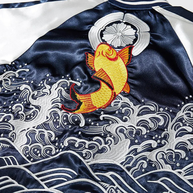 Japanese Sukajan Koi Fish Embroidered Satin Bomber Jacket Wave Print Varsity Jacket Men's and Women's Baseball Jackets