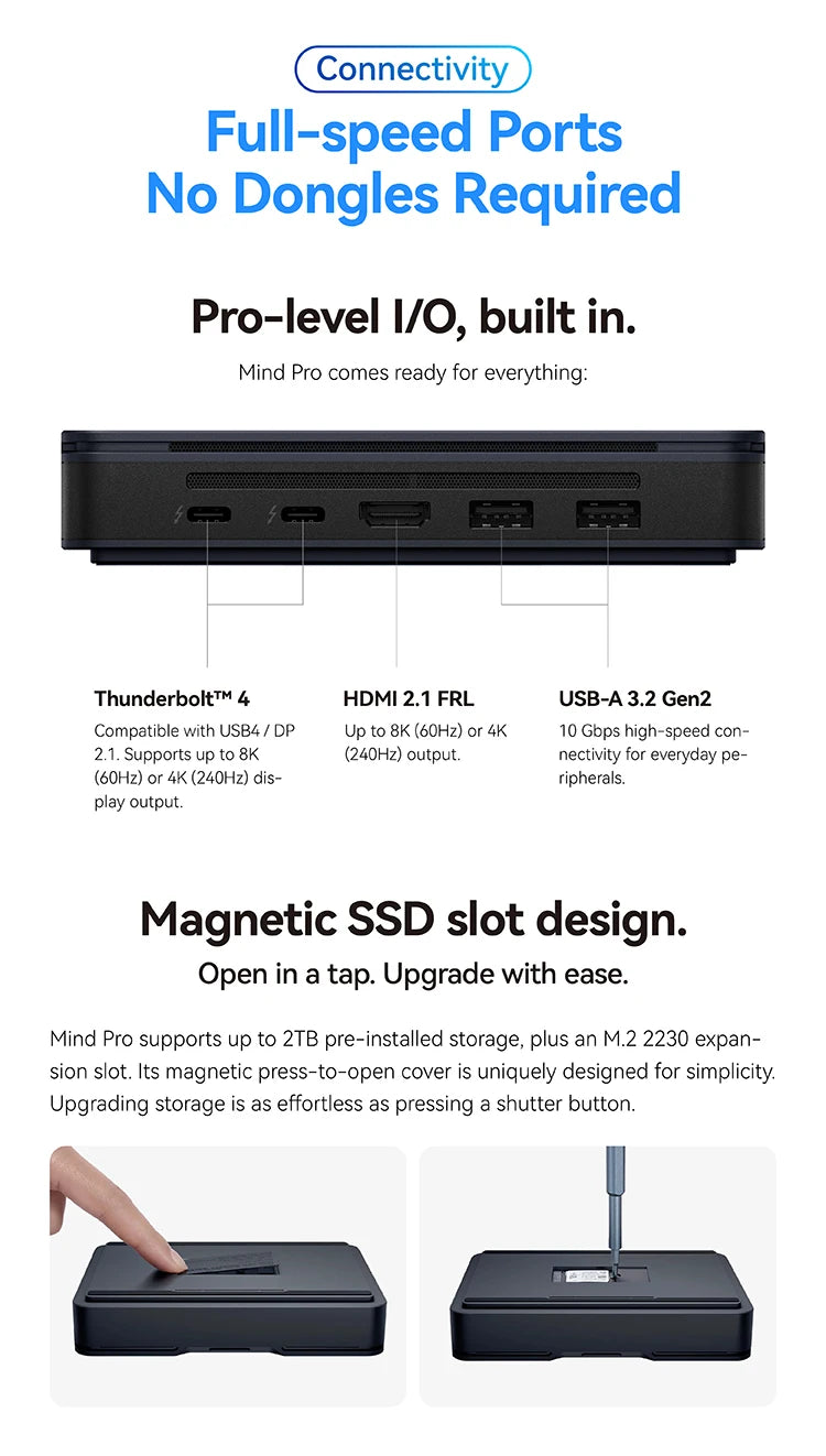 Khadas Mind Pro, AI Mini PC 180 TOPS, Intel Ultra X7 358H, Arc B390, 64GB+2TB, 7.98Wh Battery, Wi-Fi 7, BT 6.0, for Gaming/Offic