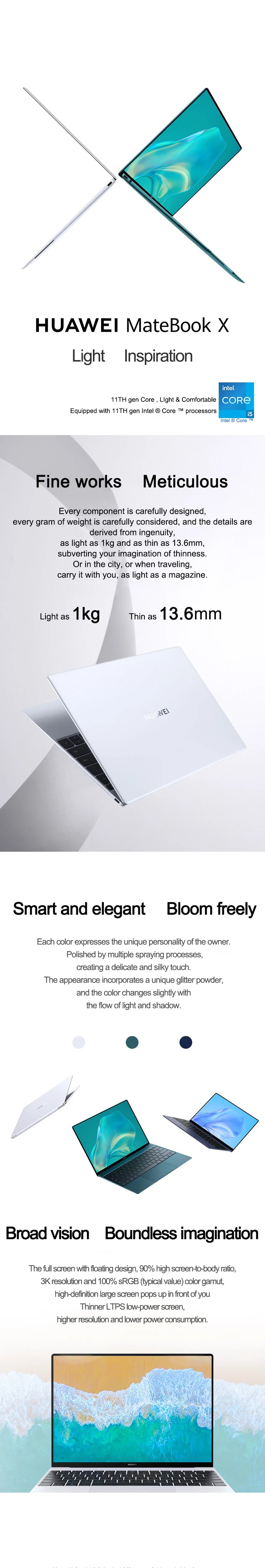 2022 HUAWEI MateBook X Laptop i5-1130G7/i7-1160G7 16GB512GB/1T Notebook 13 Inch 3k LTPS TouchScreen Netbook Iris Xe Graphics SSD