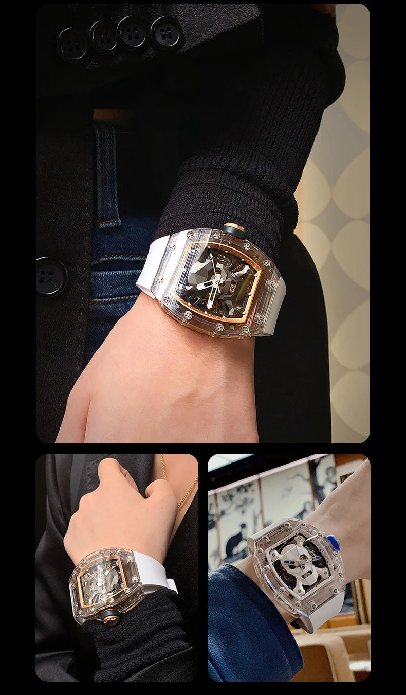 CRONUSART Men Automatic Watch 50mm Tonneau Mechanical Wristwatch Sapphire Case & Mirror Luminous Fluororubber Strap Skull Dial