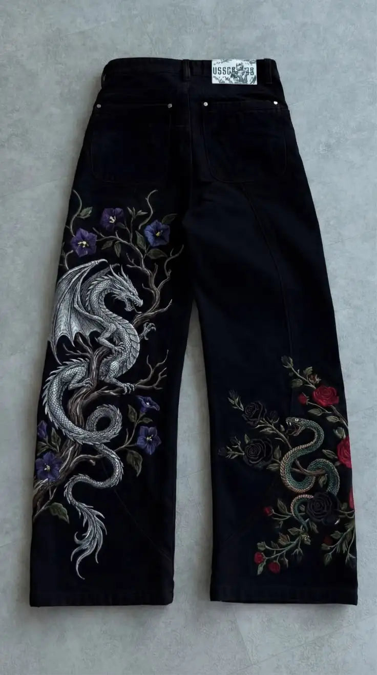 Y2K Black Loose Wide Leg Jeans for Men Women Featuring Dragon and Rose Embroidery Retro Gothic Street Hip Hop Oversized Jeans