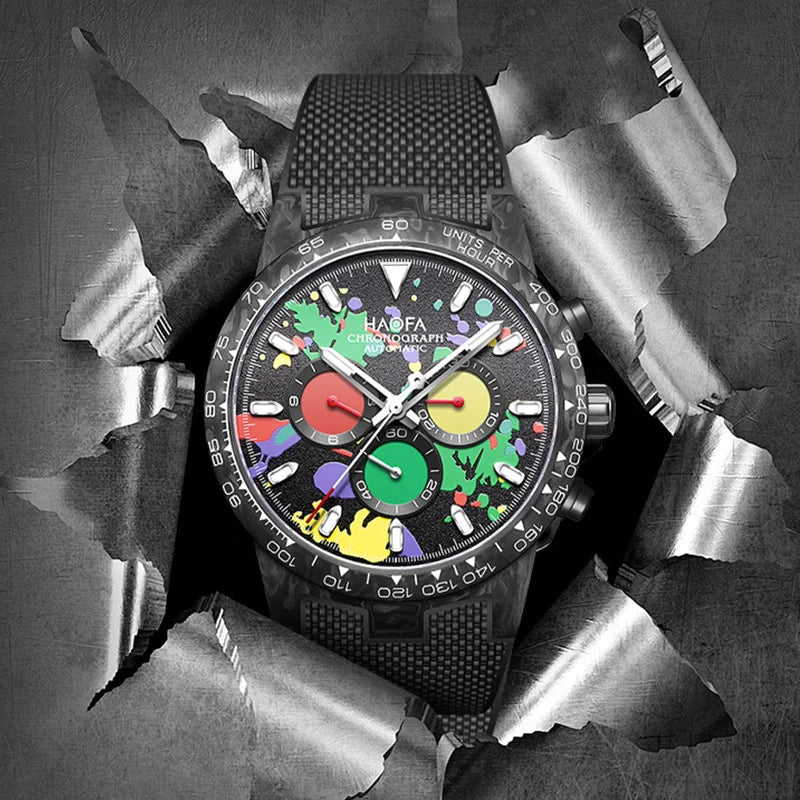 Haofa Carbon Fiber Chronograph Watch Automatic Mechanical Watches for Men Sapphire Waterproof Watch Cool Multi-function 2366