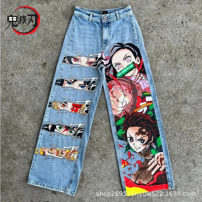 New Trend Printed Demon Slayer One Piece Jujutsu Kaisen Anime Characters Teen Loose Casual Jeans Japanese Retro Straight Jeans