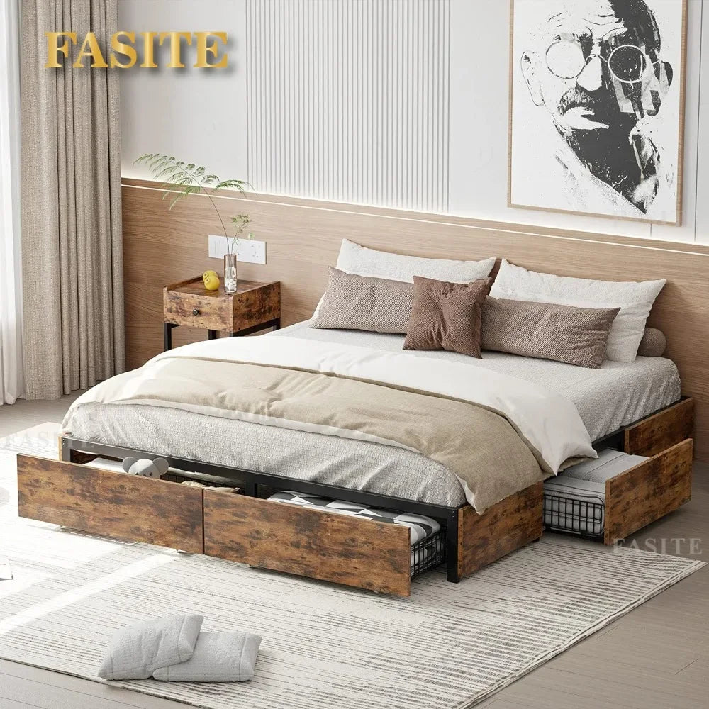 Queen Size Bed Frame, 4 Drawers And Heavy Strong Metal Support Frames