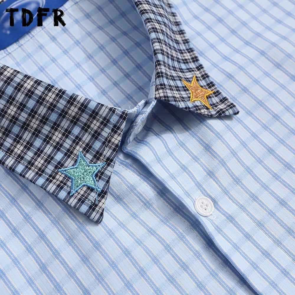 Plaid Patchwork Long Sleeve Shirts Mens Cartoon Embroidery Spring Retro Casual Loose Lapel Single Breasted Shirts Man