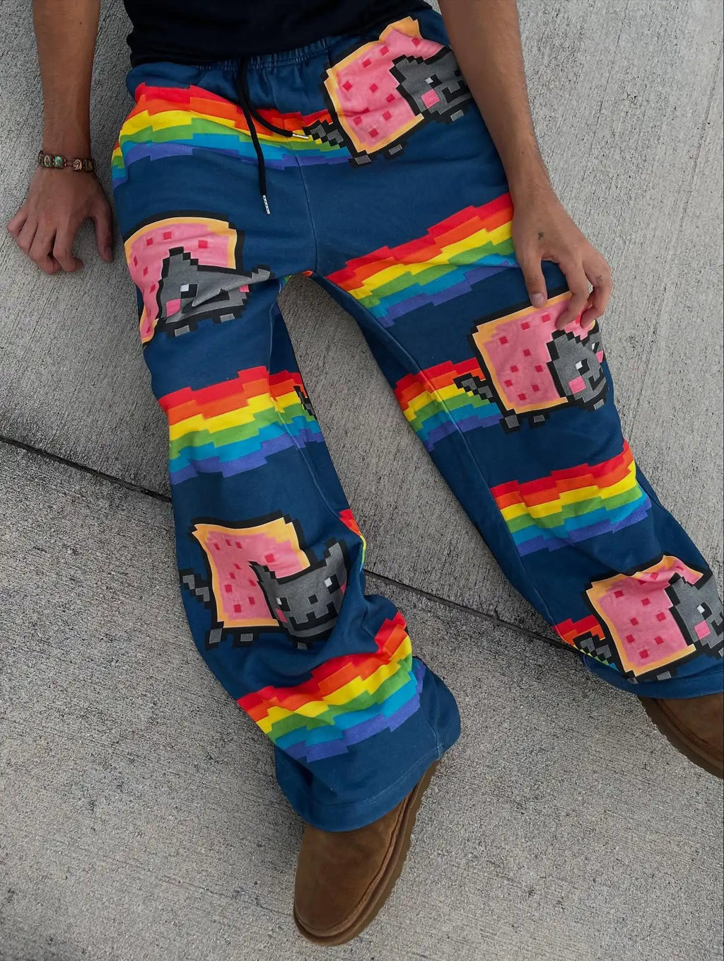 Rainbow Nyan Cat Pattern Y2K Loose and Versatile Wide Leg Pants American Street Dance Harajuku Style Elastic Men Jogging Pants
