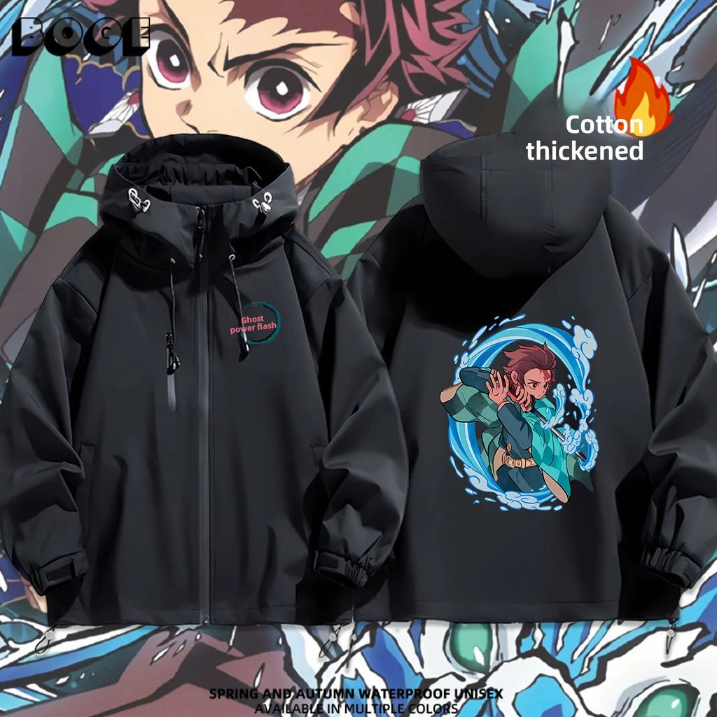 Ruike Men's Thiened Cotton Hooded Jaet Casual Outdoor Waterproof Spring Autumn Winter Anime Ghost Slayer Coat Jaet