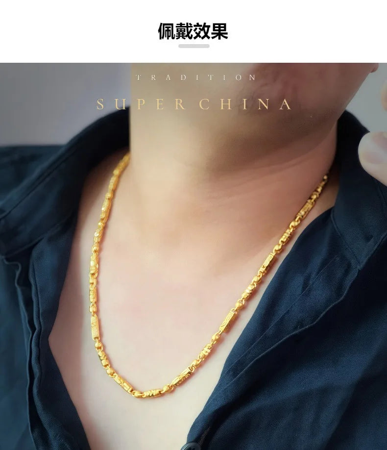 Gold store 9999 24K real gold Chinese style carving olive bamboo necklace hexagonal beads cylindrical chain men's jewelry