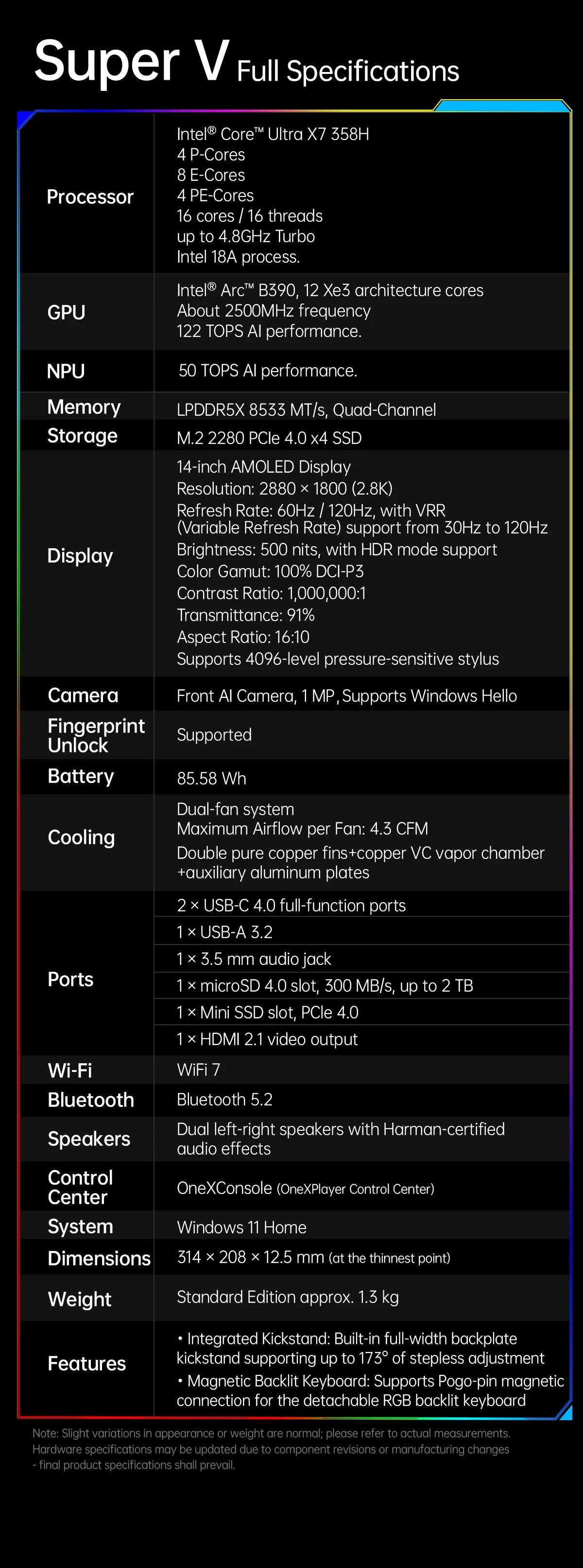 OneXPlayer Super V Intel Core Ultra X7 358H Processor 14” 2.8K AMOLED Tablet Gaming Al Mobile Workstation Laptop Win11 PC 48G 1T