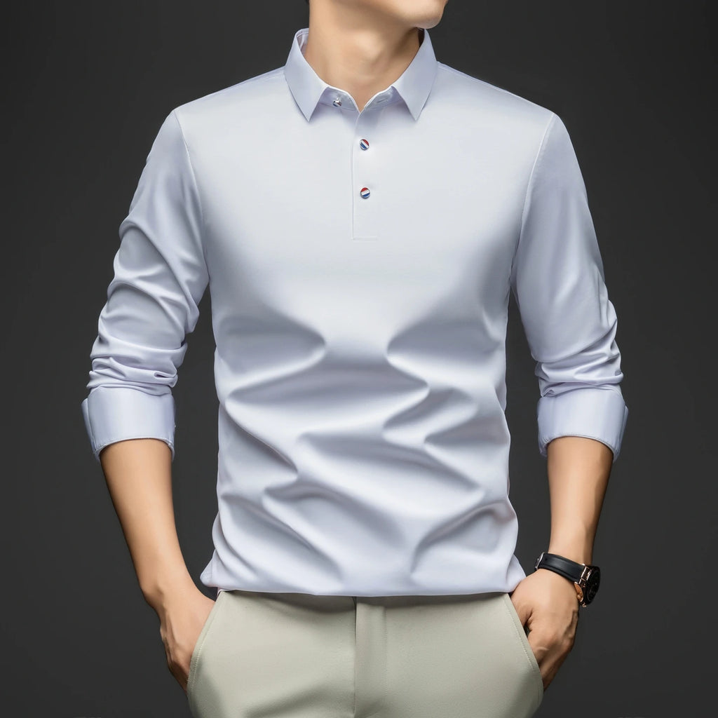 BROWON 2025 Spring Autumn Casual Work Tops Man Tshirt Long Sleeve Solid Color Soft Elegant Business Mulberry Silk T Shirt Man