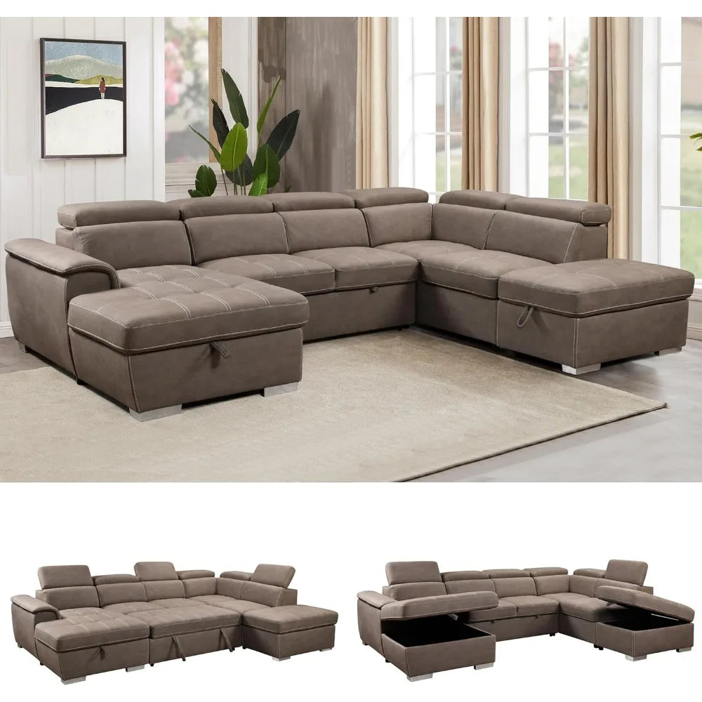 thsuper 127'' microfiber oversized u shaped sectional sleeper sofa couch with pullout bed, 7 seat couches with adjustable headre
