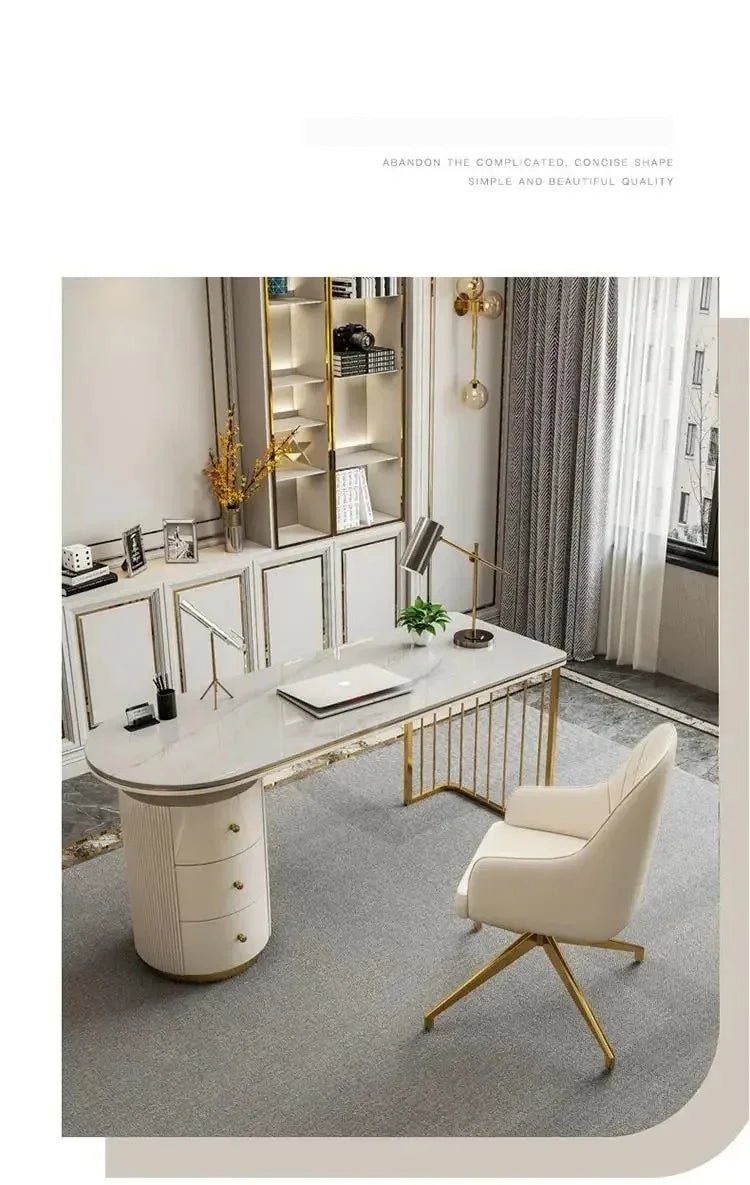 Modern White Executive Office Desk Wooden Computer Table with Gold Metal Legs Home Office Study Writing Workstation