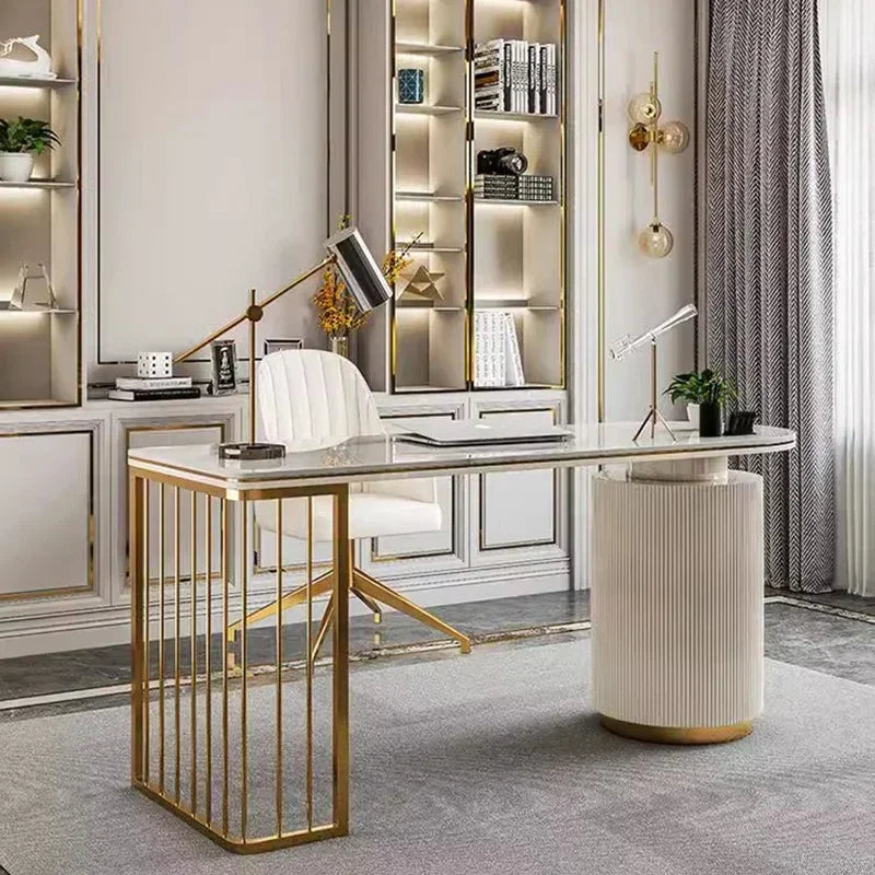 Modern White Executive Office Desk Wooden Computer Table with Gold Metal Legs Home Office Study Writing Workstation