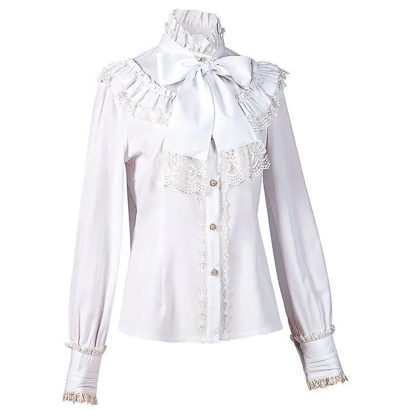 ouji Women's Victorian Gothic Blouse Ruffled High Collar Long Sleeve Renaissance Style Top Lolita Cosplay Costume Party Wear