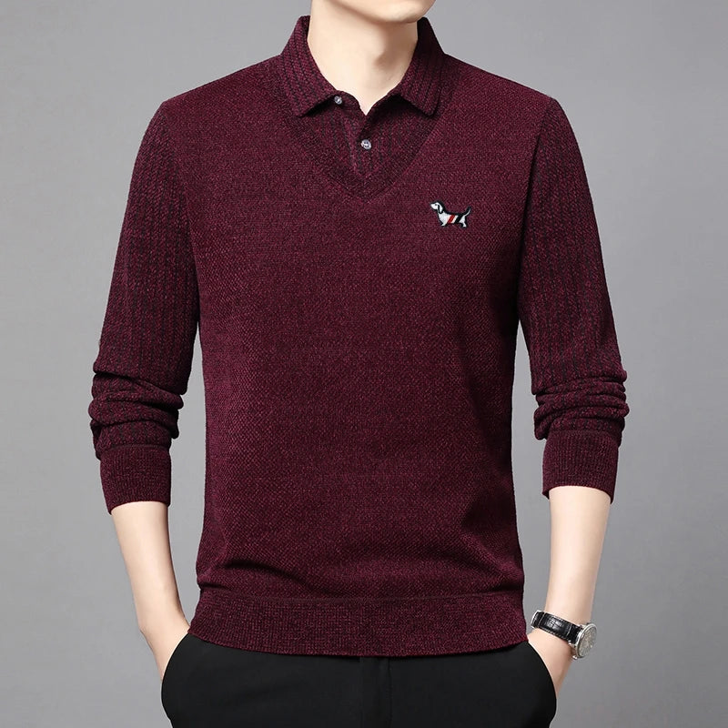 Hot Sales Cartoon Dog Embroid Men's Sweater Lapel Thicken Knit Pullover Winter Design Quality Fake Two Pieces Warm Men's Wear