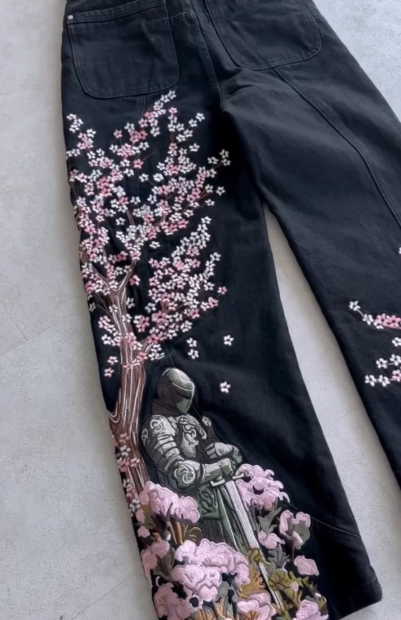 Y2K Japan Cherry Blossom Knight Embroidery Black Baggy Jeans Men High Street Vintage Hip Hop Fashion Couple Wide-leg Denim Pants