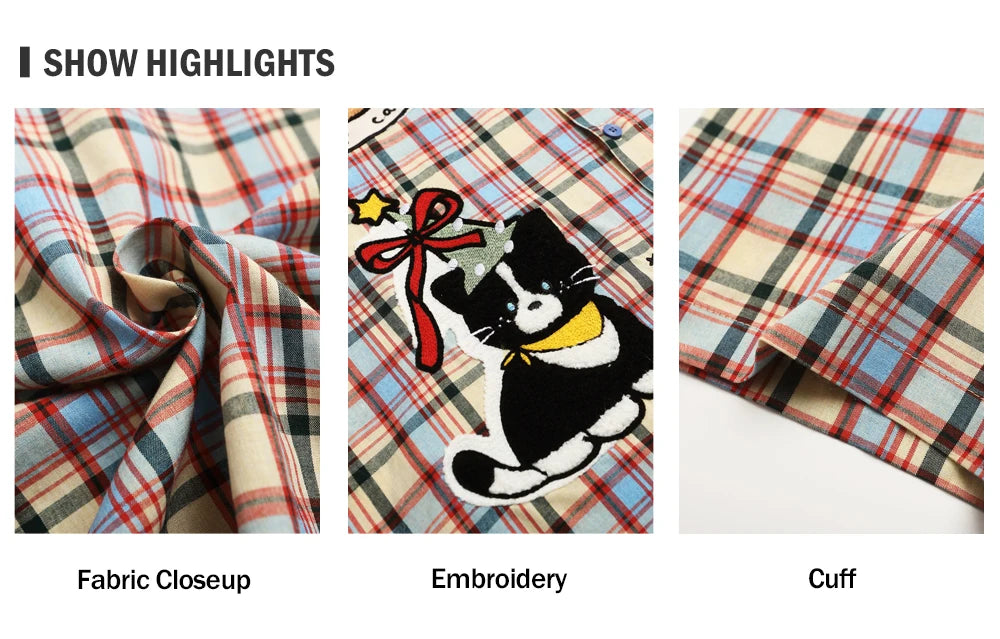 Cartoon Embroidery Short Sleeve Checked Shirt Mens Summer Retro Casual Spliced Lapel Single Breasted Half-Sleeve Plaid Shirts