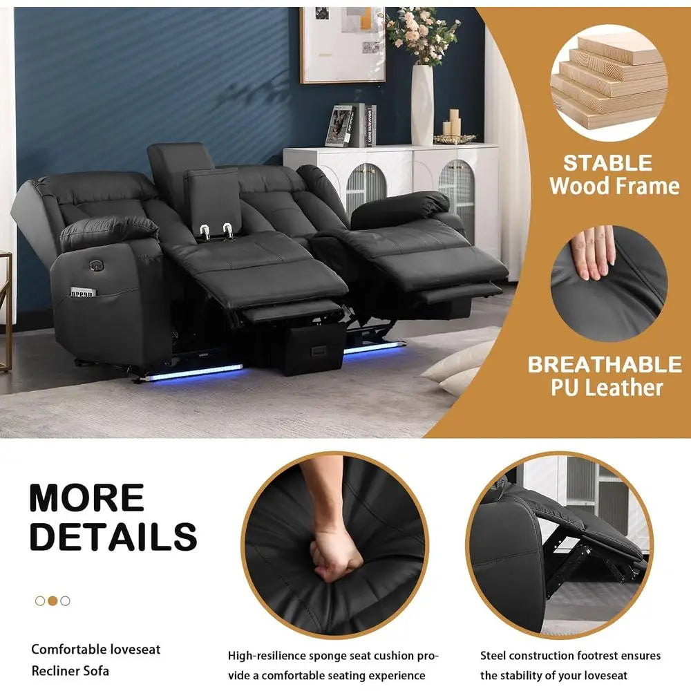 66 Power Reclining Loveseat Sofa with Home Theater Features, USB/Type-C Ports, Storage, Cup Holders, and LED Lights for RVs and