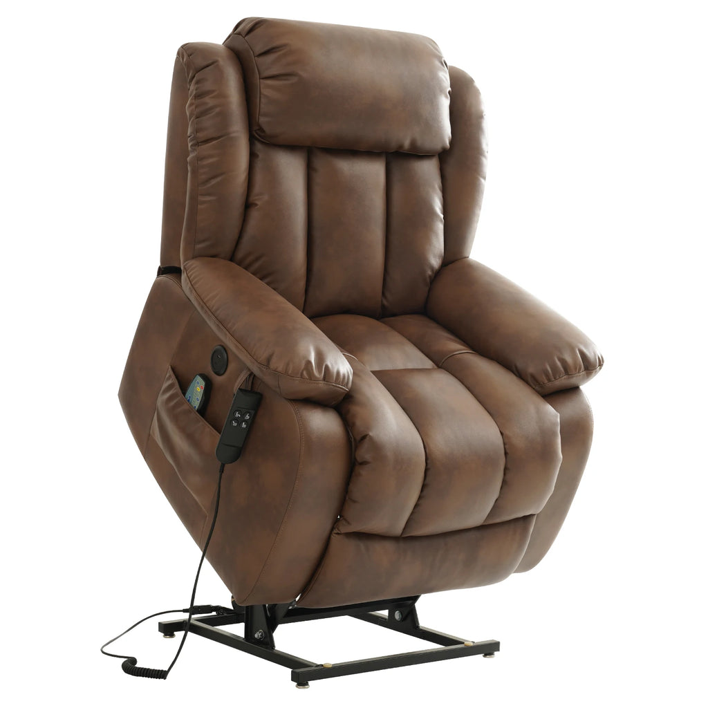 Power Lift Recliner Dual Motor, Electric Leather Chair for Elderly with Heat and Massage, Lay Flat Recliner with Storage