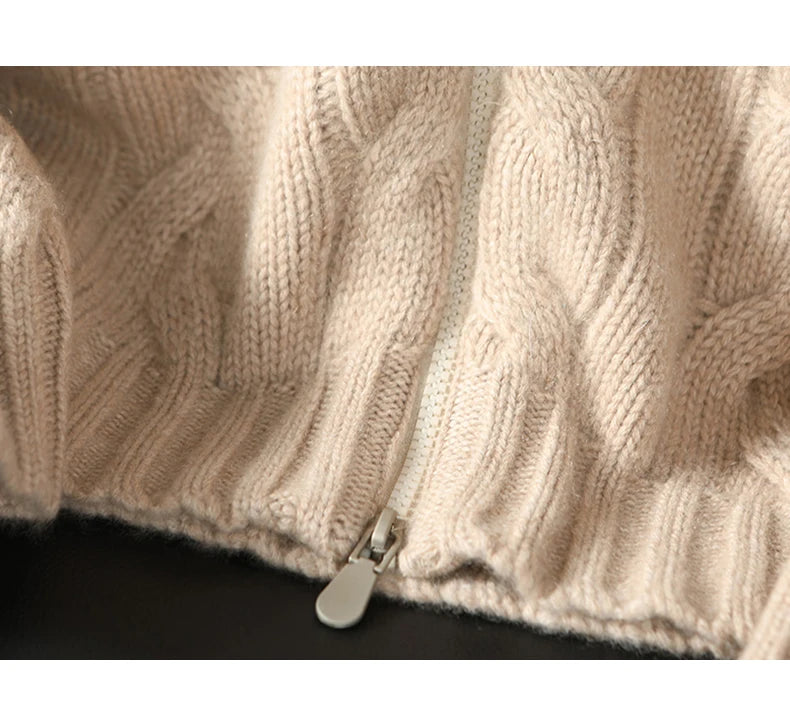 Men's 100% Pure Cashmere Knitting High Neck Cardigan Zipper Thickened Coat Fashion Old Money Style Big Fried Dough Twist Design