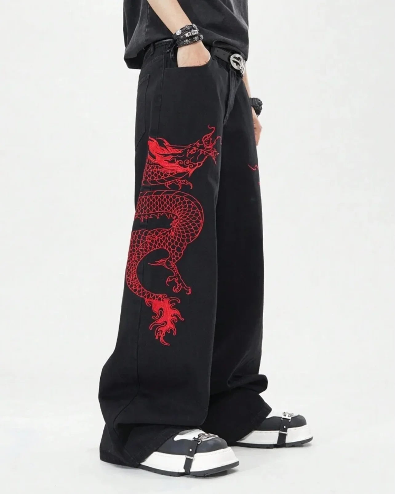 American Black New Retro Oriental Animal Print Fashion Loose Jeans Men And Women High Waist Hip-Hop Casual Straight Pants