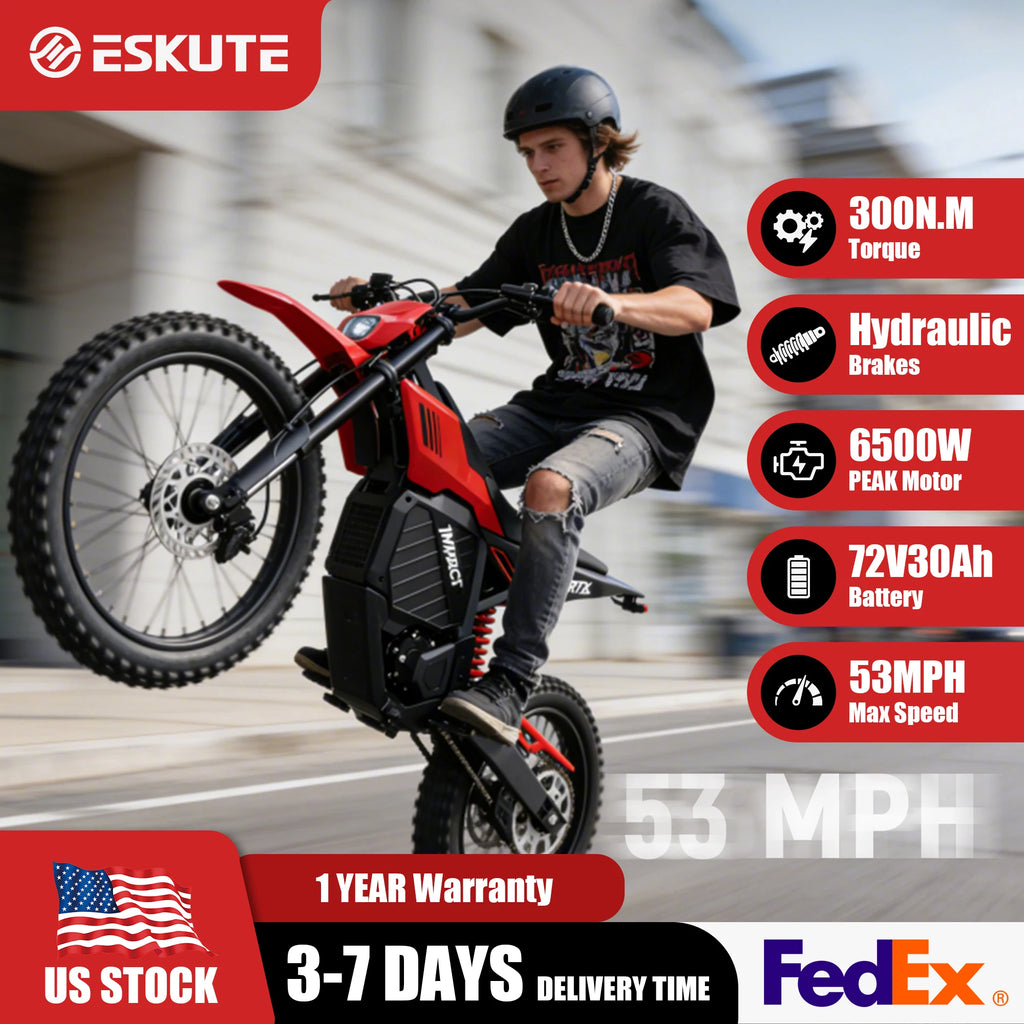 ESKUTE RT-X 19" 17" Electric Dirt Bike for Adults, 6500W Peak 53+MPH Mid-Drive Motor, Electric Motorcycle with 72V 30Ah  Battery