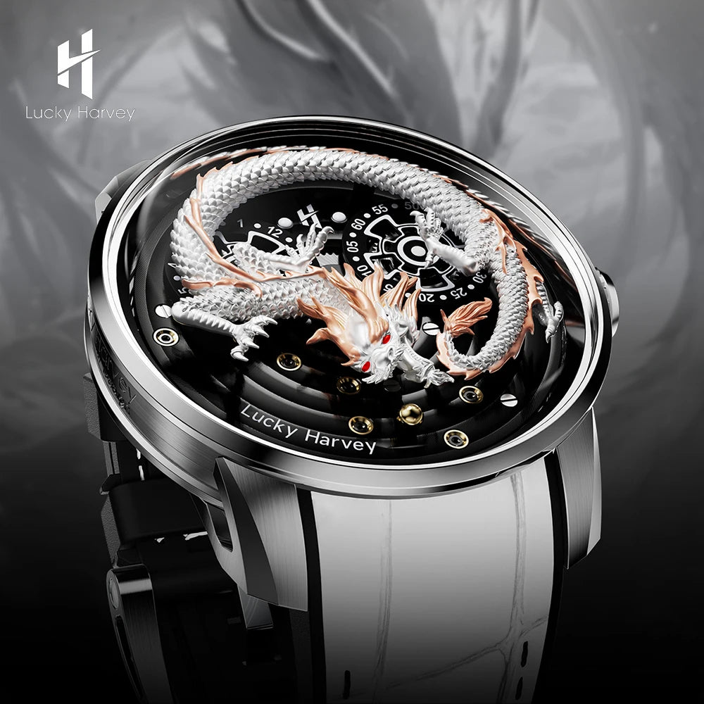 Lucky Harvey Chinese 3D Engraving Dragon Dial Automatic Mechanical Watches for Men Sapphire Crystal Business Fashion Watch