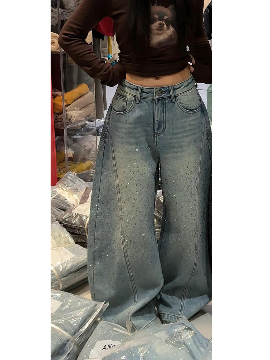 Glittering Rhinestone Denim Pants for Women's New Wide Leg Design Jeans Sensation Floor-Length Pants Loose Jeans