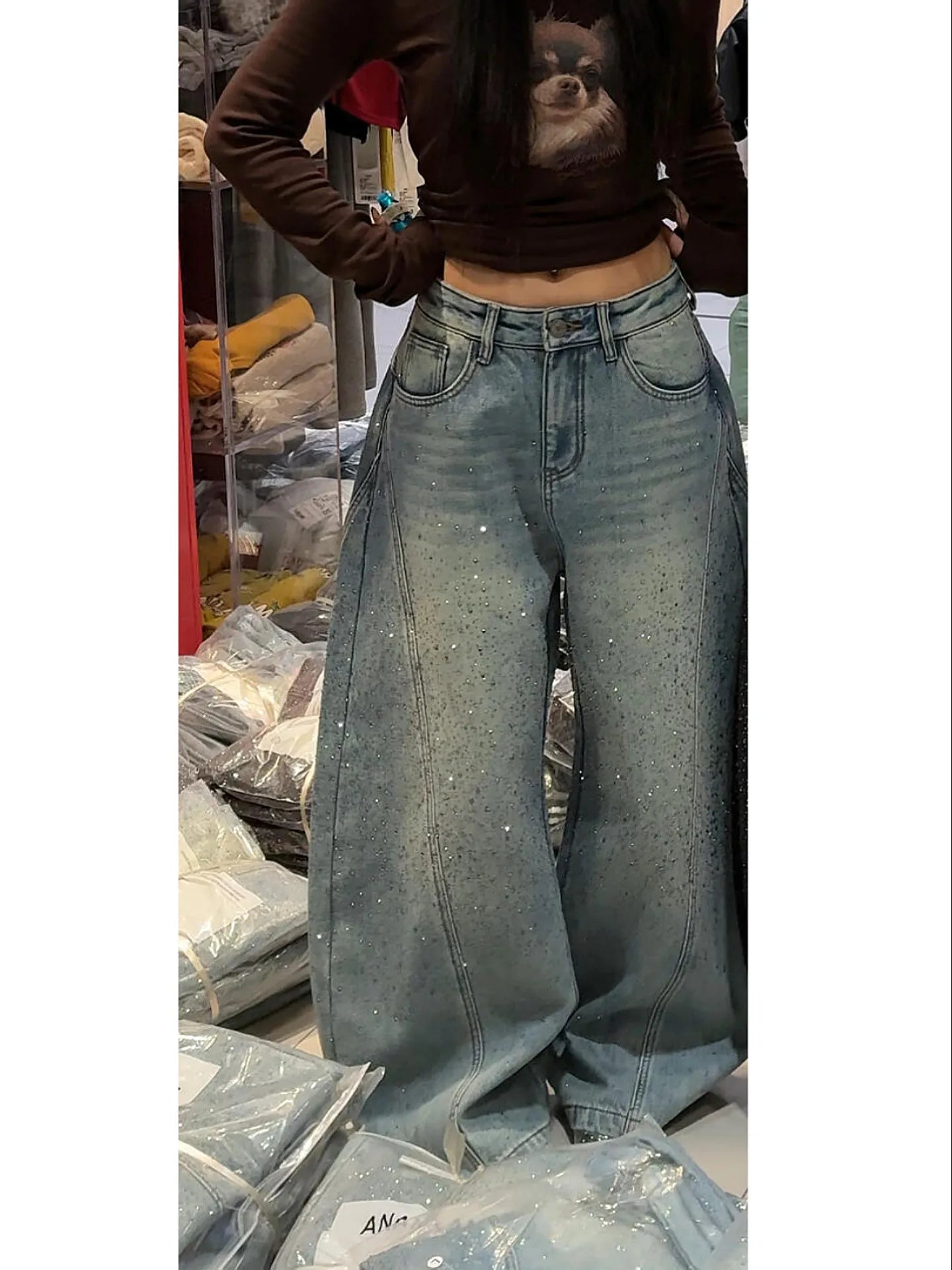 Glittering Rhinestone Denim Pants for Women's New Wide Leg Design Jeans Sensation Floor-Length Pants Loose Jeans