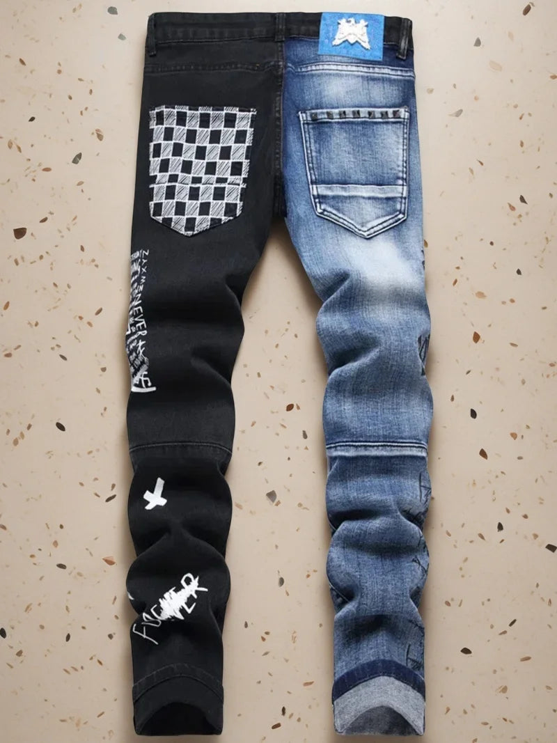 Men's Ripped Letter Print Stretch Small Feet Straight Slim Patchwork Jeans Comfortable Skinny Bike Jeans