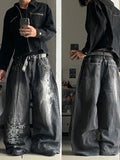 American New Fashion Oversized Pattern Printed Washed Jeans Men Y2K Gothic Rock Popular Casual Joker High Waist Wide Leg Pants