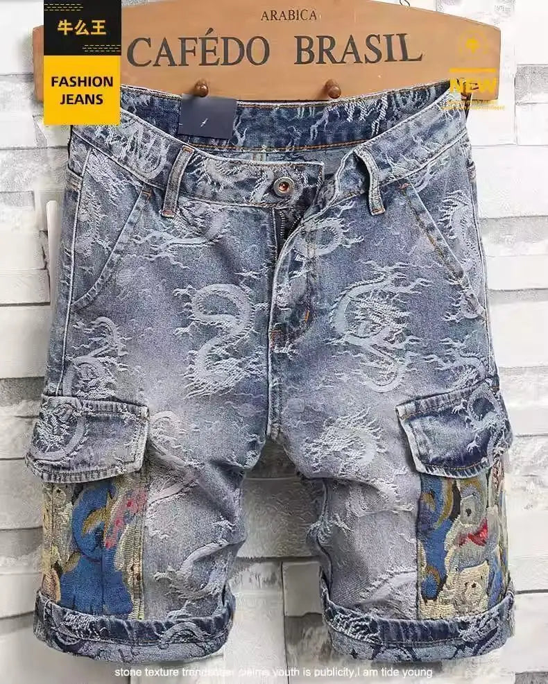 Dragon Embroidered Pants Men's Denim Shorts Men's Summer Thin Overalls 2025 New Designer Five-point Jeans Y2k Clothes Man