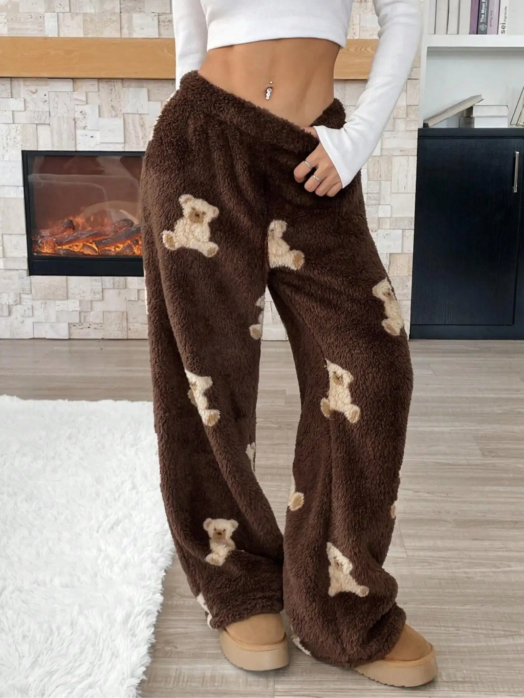 Women Casual Trousers Elastic Waistband Drawstring Tie Pajama Bottoms Leopard Print Wide Leg Lounge Pants