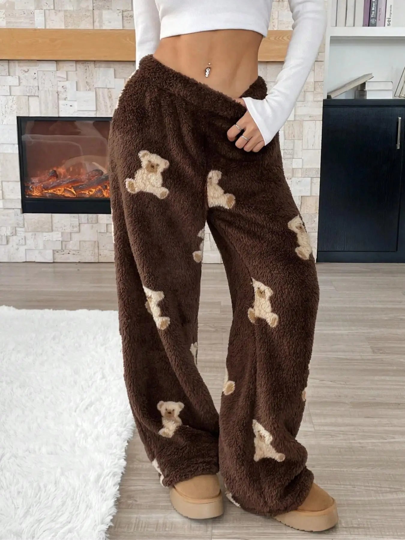 Women Casual Trousers Elastic Waistband Drawstring Tie Pajama Bottoms Leopard Print Wide Leg Lounge Pants