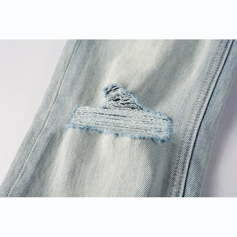 Men's High Street Distressed Light Indigo Stretch Skinny Button Fly Ripped Jeans Pants