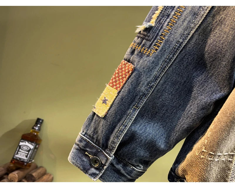 Streetwear Fashion Men Jacket High Quality Retro Blue Patched Designer Ripped Denim Jacket Men Coats Hip Hop Chaquetas Hombre