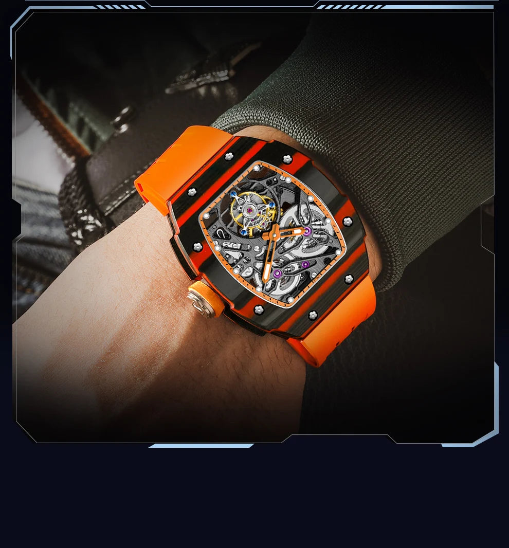 Haofa Automatic Tourbillon Watch Men Carbon Fiber Hollow Movement Luminous Sapphire Crystal Mechanical Man Watches Luxury 1901-1