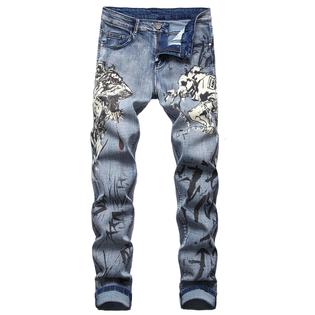 2026 Men's Blue 3D Printing Jeans, Black Wolf Pattern Printed Punk Straight Cotton Casual Print Denim Pants Asian Size 28-42