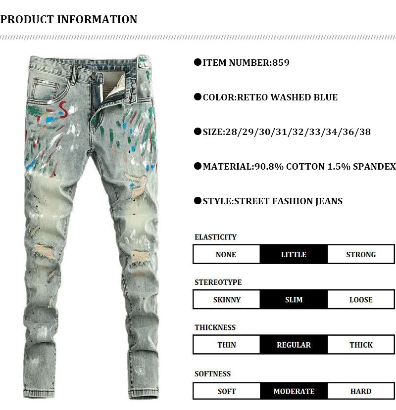 High Street Fashion Men Jeans Retro Washed Blue Stretch Slim Fit Ripped Jeans Men Painted Designer Vintage Denim Pencil Pants