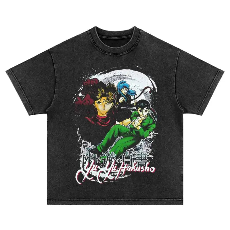Harajuku Fashion Anime 2025 Oversized Vintage T-Shirt Trend Hip Hop Printed Streetwear Washed Leisure Cotton Loose Men Tshirt