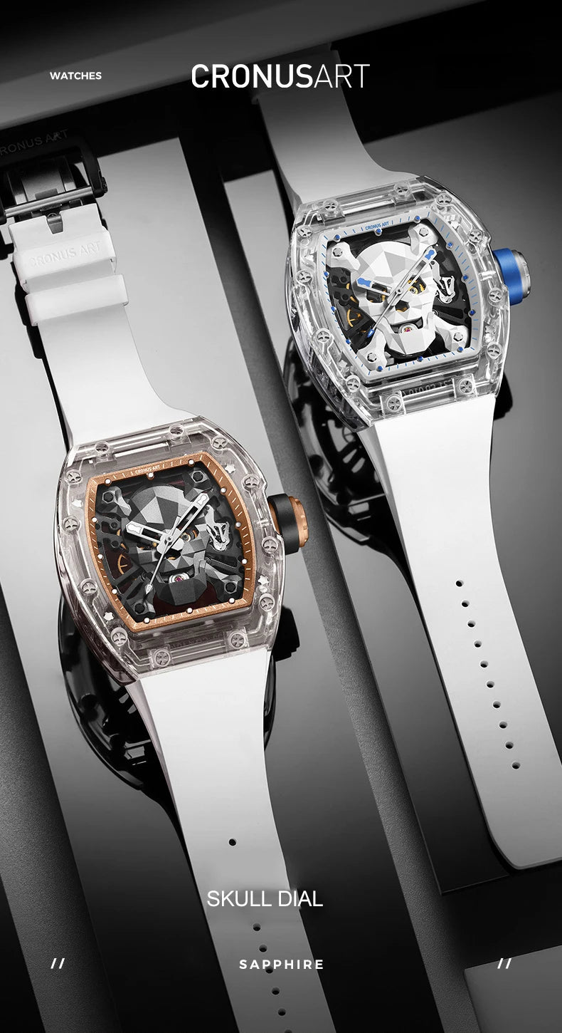 CRONUSART Men Automatic Watch 50mm Tonneau Mechanical Wristwatch Sapphire Case & Mirror Luminous Fluororubber Strap Skull Dial