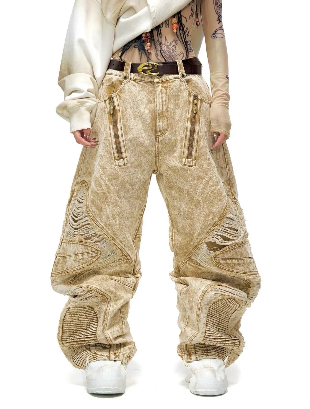 2025 New Americantrendy street hip-hop style ripped wide-leg loose jeans