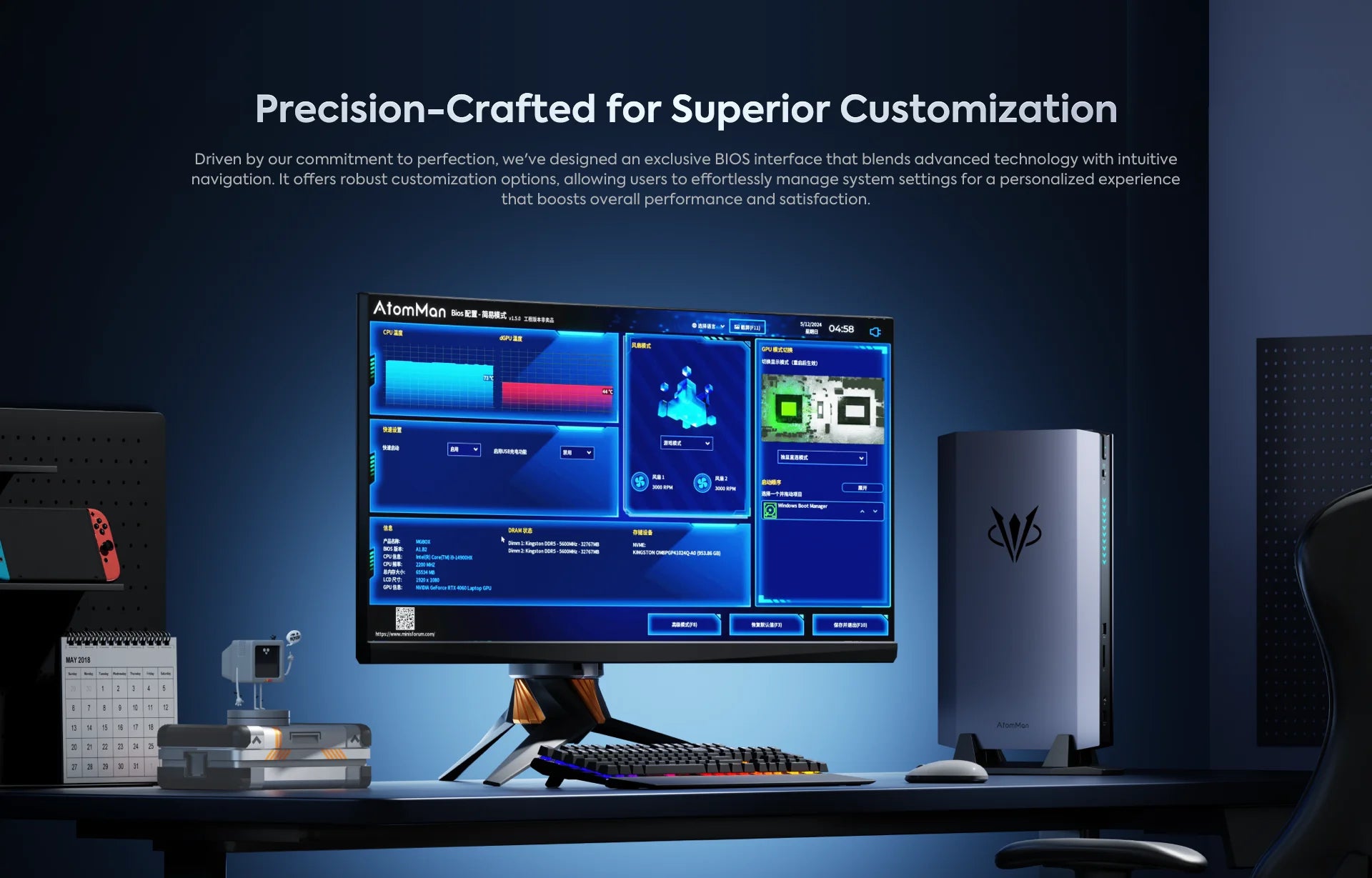 AtomMan Gaming Mini PC G7 Ti Intel i9 14900HX NVIDIA RTX 4070 8G GDDR6 2xDDR5 USB4 Windows 11 Desktop Computer Workstation WiFi7