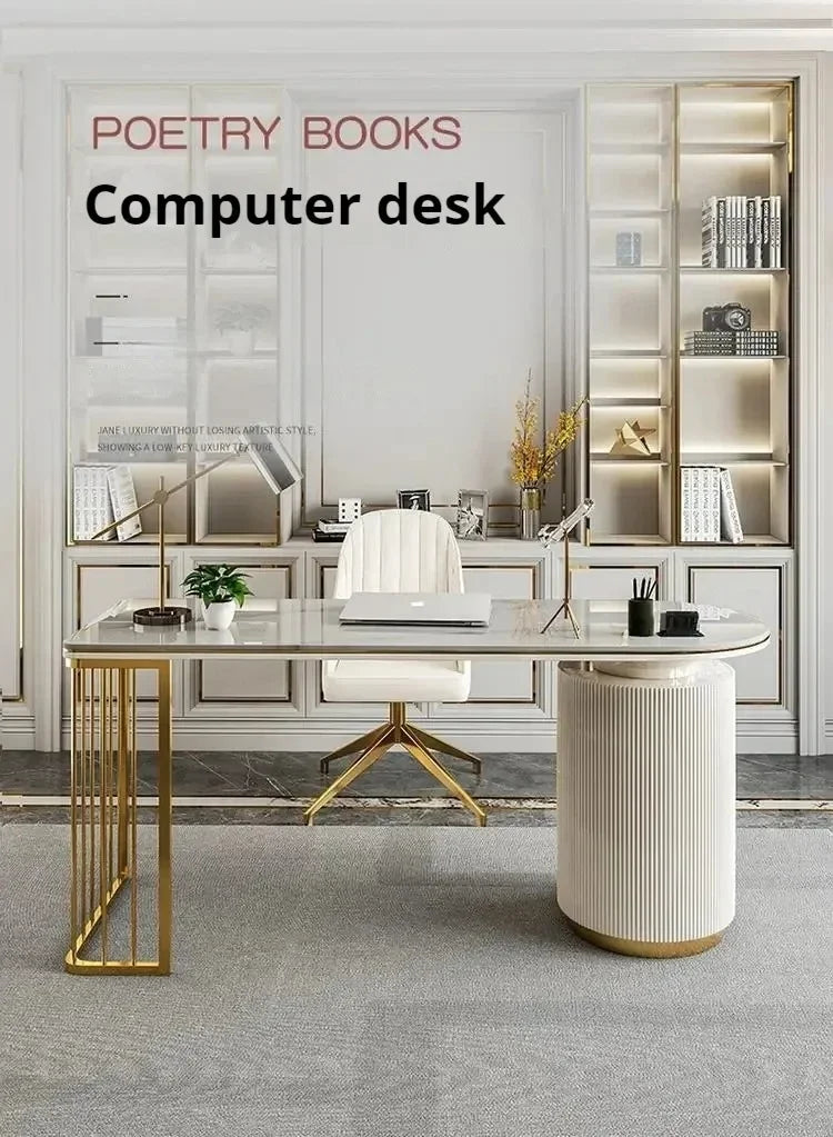 Modern White Executive Office Desk Wooden Computer Table with Gold Metal Legs Home Office Study Writing Workstation