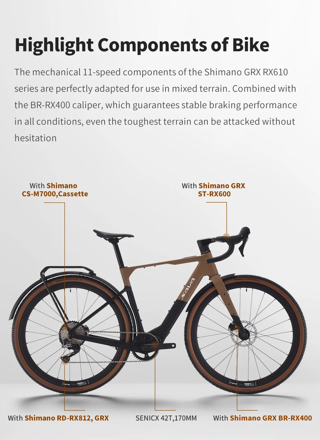 SAVA E-BIKE Carbon Fiber Gravel Electric Assist Bicycle, equipped with SHIMAN0 GRX ST-RX600 groupset