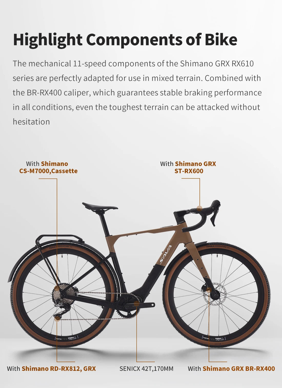 SAVA E-BIKE Carbon Fiber Gravel Electric Assist Bicycle, equipped with SHIMAN0 GRX ST-RX600 groupset