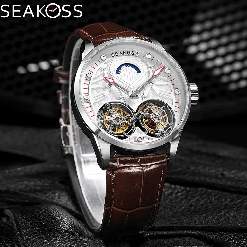 SEAKOSS Luxury Skeleton Men's Tourbillon Manual Mechanical Watches Double Tourbillon Luminous Hands Watch for Men Sapphire Glass