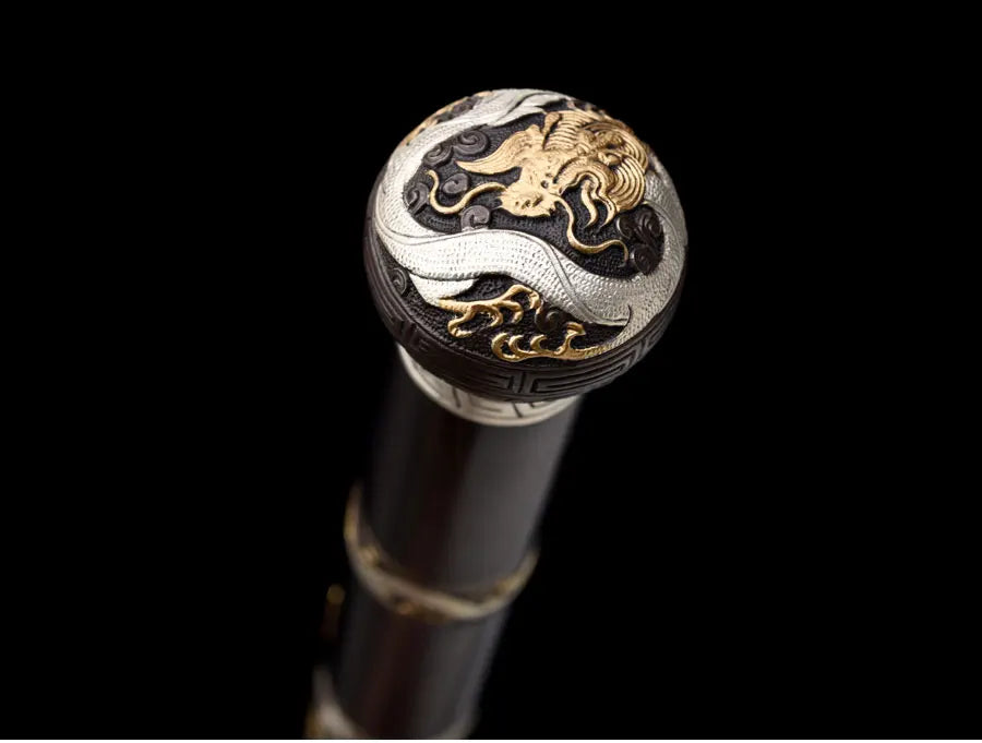 Medieval Staff Sword Folded Steel Damascus Blade Sharp Real Ebony Wood Scabbard Walking Stick Gold Silver Plating Dragon Katanas